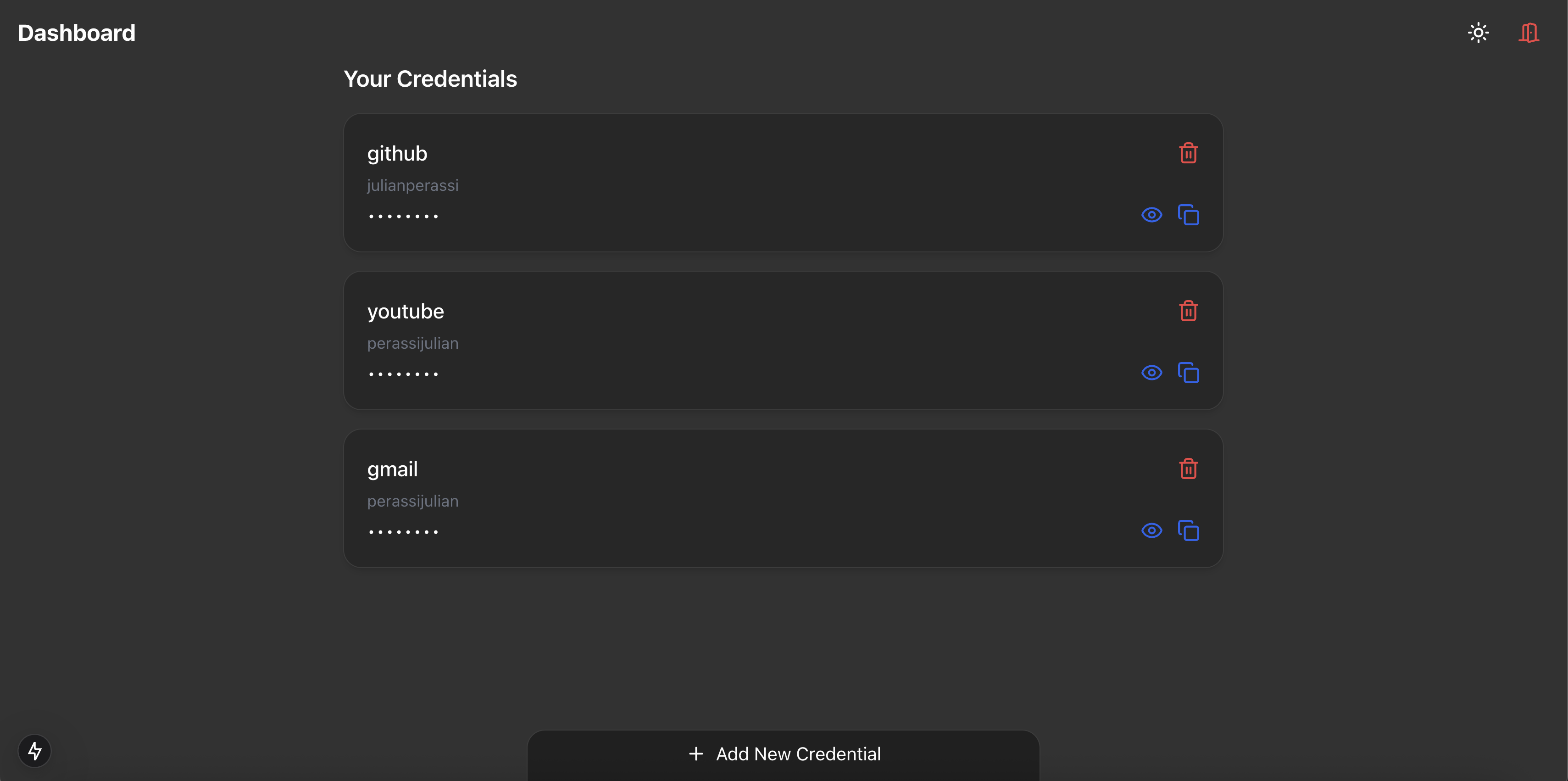 Dashboard on the password-manager showing credentials